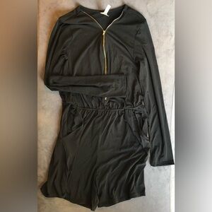Espresso, medium long sleeve, black romper, elastic waist, front pockets, zipper